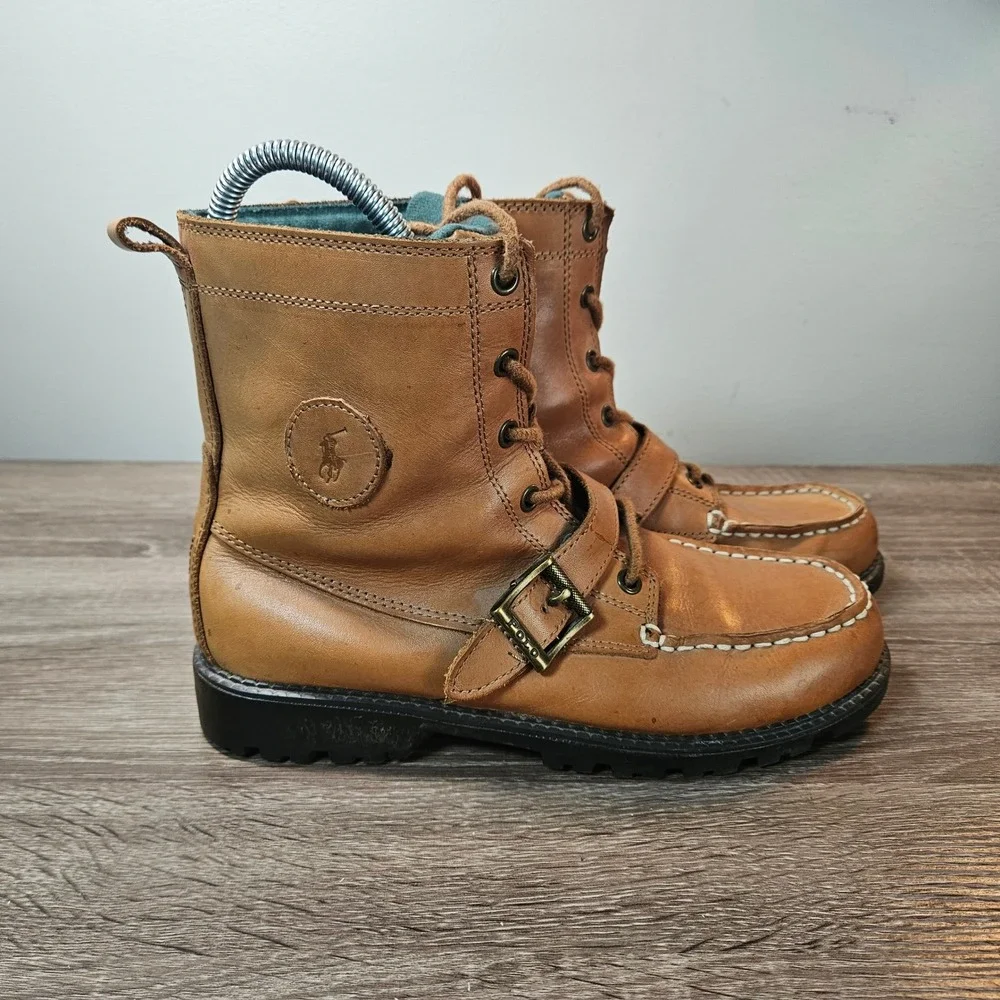 Polo Ralph Lauren Ranger Tan Leather Moc Toe Buckle Lace Up Boots Men's 6.5